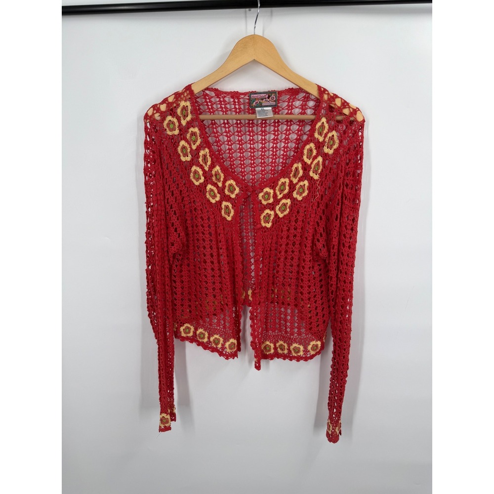 April Cornell Crochet Floral Applique Cardigan Boho Womens XL Hippie Open Knit